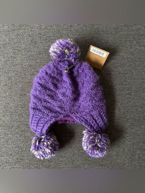 Andes Gifts Alpaca Purple Knit Pom Pom Beanie Hat Cozy Toddler Girl 2T-5T NEW